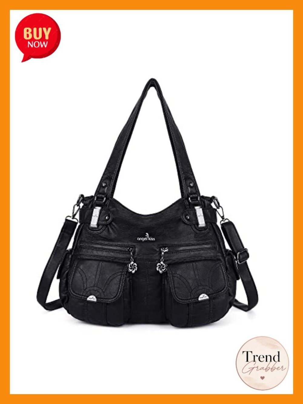 Washed Leather Satchel Handbag Double Zipper Multi Pocket Shoulder Purse